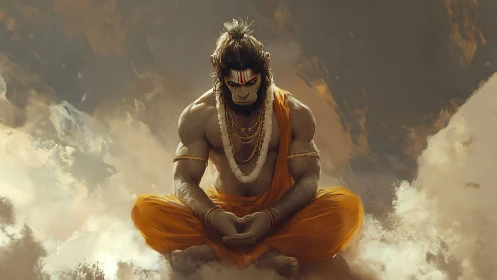 Meditating warrior deity in orange robes on cloudy sky