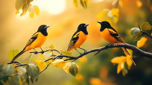 Three vibrant orioles perched on branch, soft autumn bokeh background.