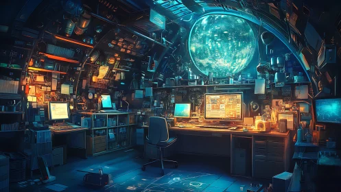 Neon-lit hacker lab hums beneath a glowing digital globe