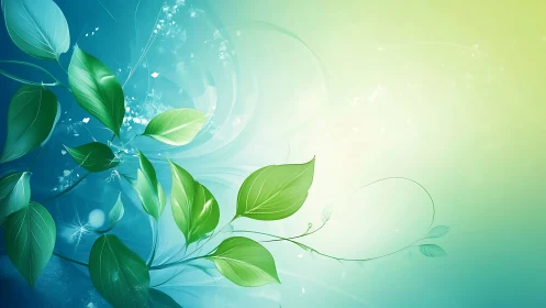 Digital painting of luminous green leaves on teal gradient field.