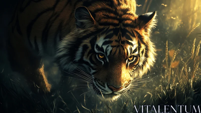 Low-light tiger traversal under cinematic rim illumination.