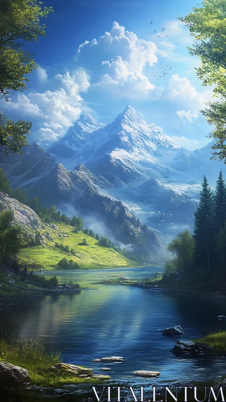 Sunlit alpine river valley beneath luminous snowy peaks.