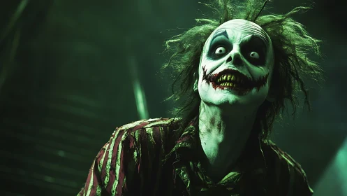 Horror portrait of decayed clown figure in green low key