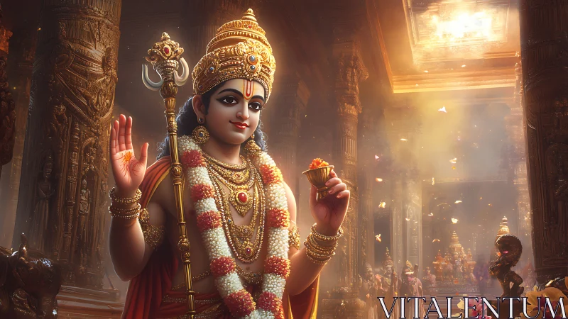 Highly detailed 3D deity render with volumetric temple lighting