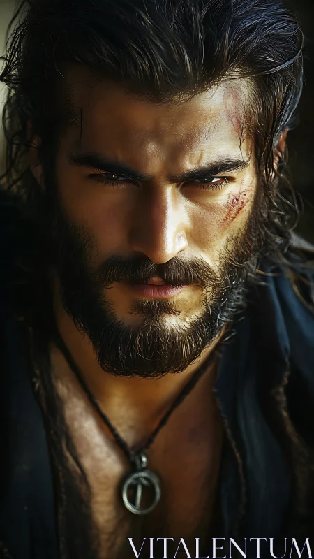 Bearded man with facial scars stares forward in close-up