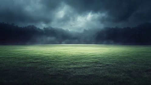 Stormlit field glows under heavy clouds before the rainfall