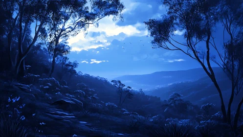 Moonlit blue valley forest under layered cloud sky.