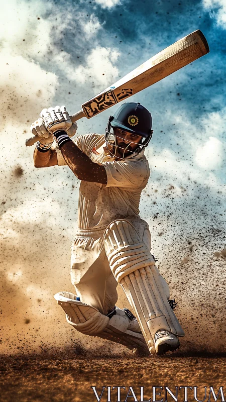 Dynamic cricket batsman executing low sweep in dusty impact field.