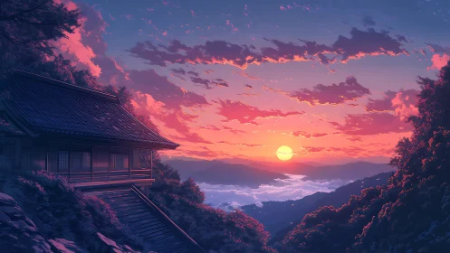 Digital painting of mountain sunset over secluded hillside house.