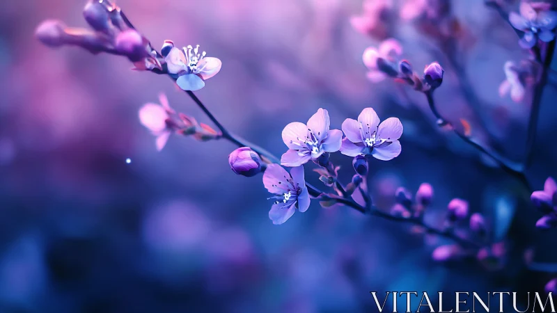 Twilight blossoms dance through hazy purple dreamscape