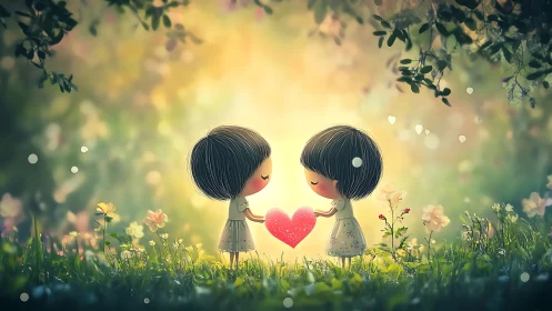 Two Figures Sharing Heart in Luminous Garden.
