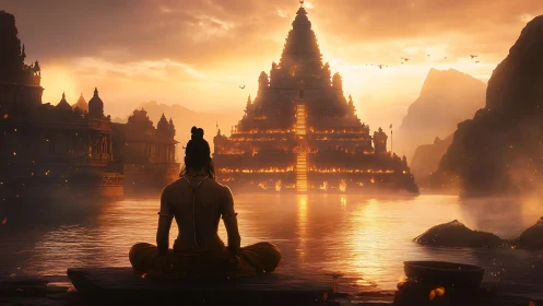 Solitary monk observes vast illuminated temple at sunset