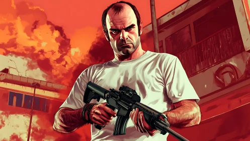 Male figure holds rifle against stylized urban backdrop