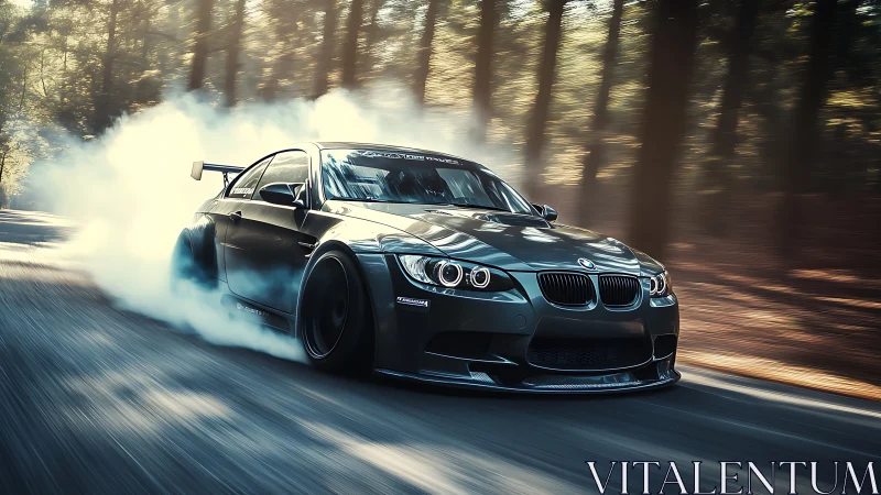 Modified BMW coupe drifting through forest road corner.
