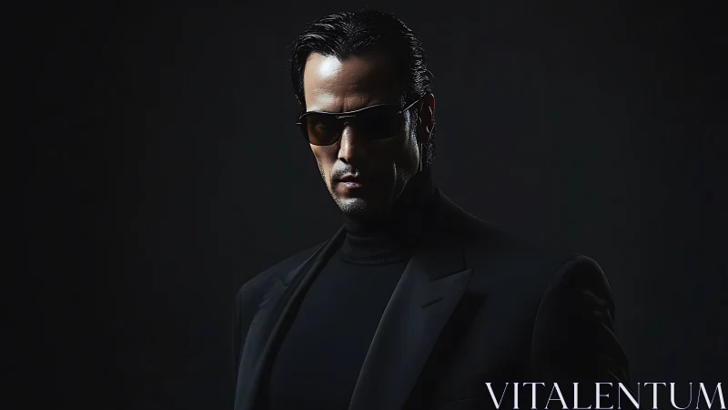 Serious man in black suit and sunglasses in low light.
