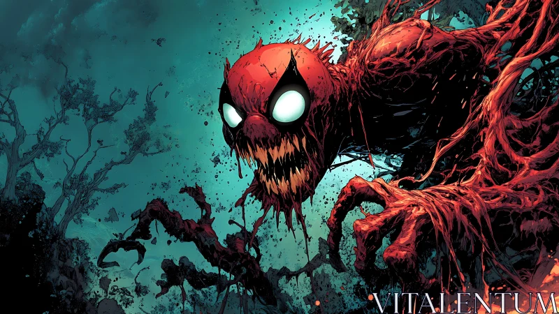 Grotesque red symbiote monster lunging in eerie forest