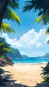 Tropical Beach Paradise. Turquoise Waters, Palm Fronds Frame.