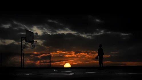 Sunset court silence with a lone dreamer and basketball hoop.
