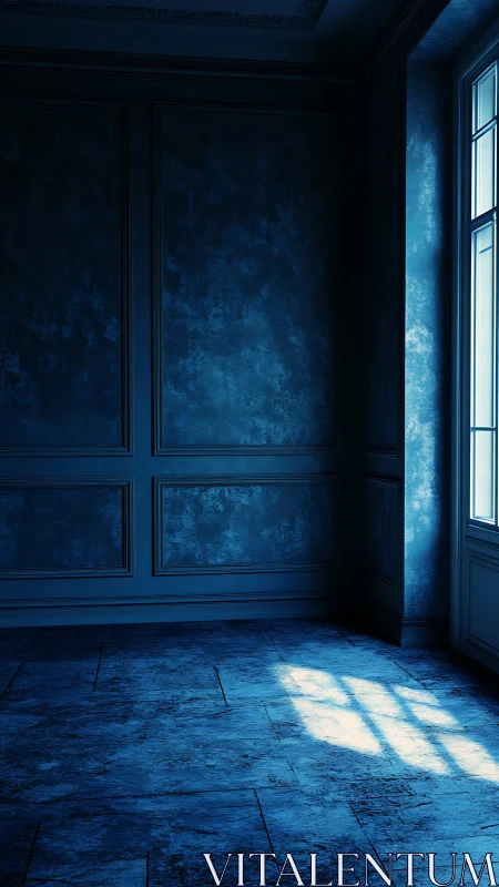 Blue light spills into a quiet, textured empty room.