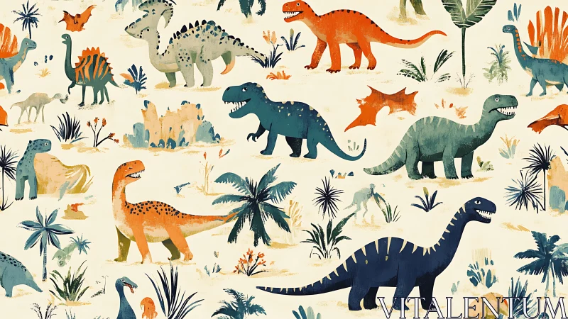 Colorful dinosaurs roam stylized prehistoric jungle pattern.