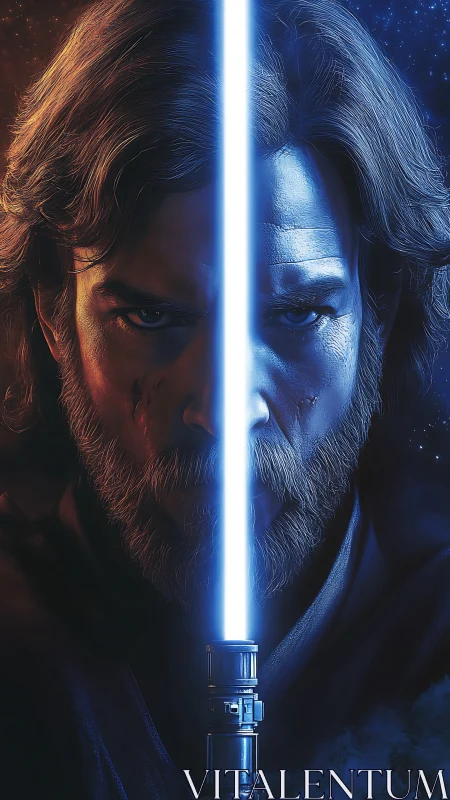 Jedi warrior portrait splits light and shadow with saber