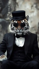 Anthropomorphic tiger in tuxedo rendered as sleek photorealism