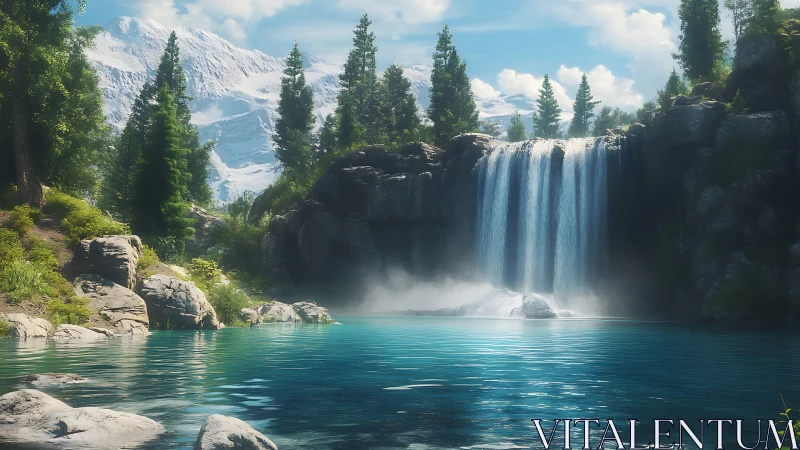 Waterfall descends into clear lake within conifer forest