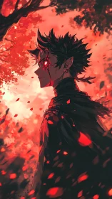 Crimson-eyed wanderer stalks a burning autumn dreamscape.