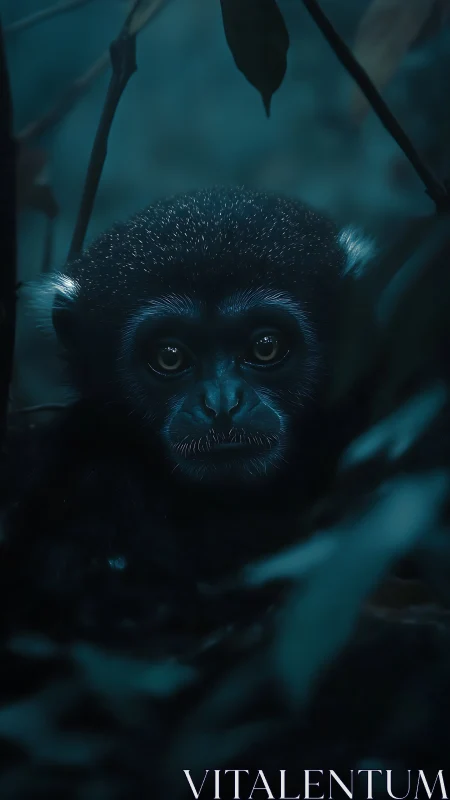 Gentle baby monkey resting quietly in the moonlit forest.