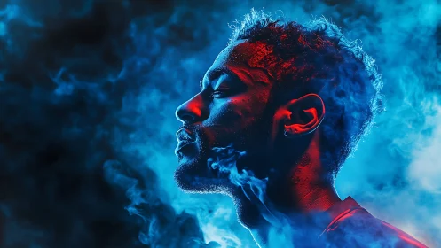 Side profile portrait glows under neon red blue haze.