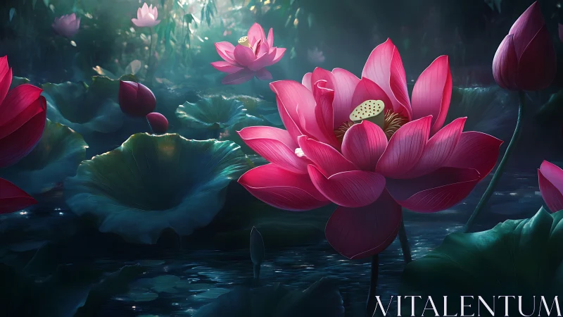 Luminous Pink Lotus Flowers in Ethereal Aquatic Garden