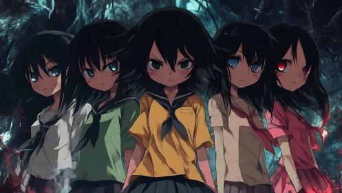 Multicolored-uniform schoolgirls in ominous dark anime tableau.