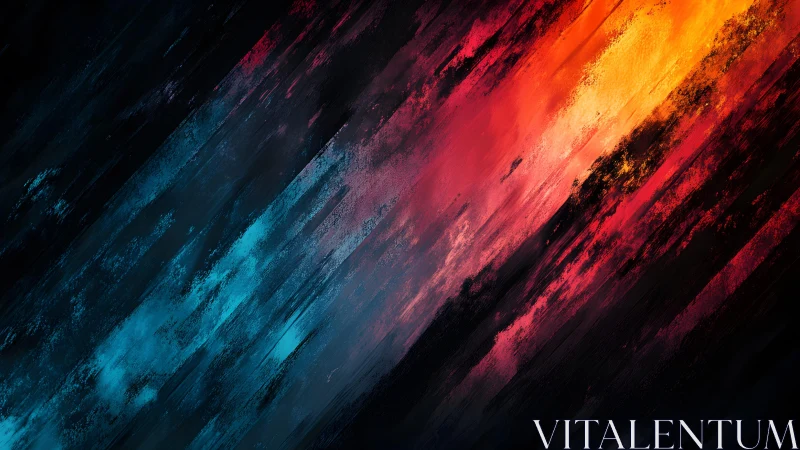 Diagonal Abstract Painting with Fiery Red and Cool Blue Streaks.