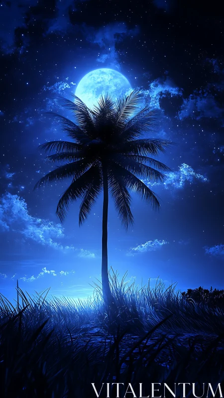 Palm tree silhouette stands against large blue full moon