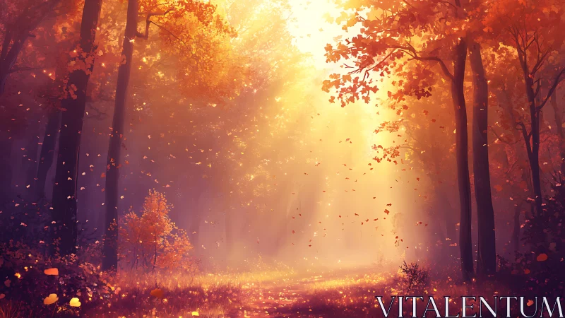 Luminous autumn forest path with radiant volumetric sunlight.
