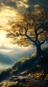 Golden tree crowns sunlit ridge above distant misty valley