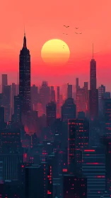 Neon-lit city skyline glows beneath a blazing digital sunset