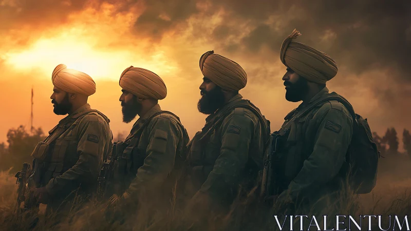 Four turbaned soldiers standing in line at fiery sunset.