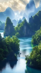 Misty karst peaks rise above tranquil emerald river waters.
