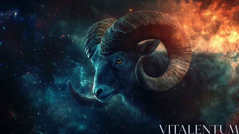 Celestial ram portrait rendered in high-contrast cosmic lighting