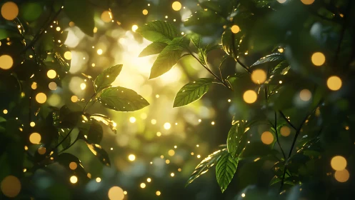 Sunlit green leaves with scattered golden bokeh lights.