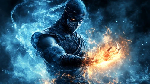 Elemental warrior conjures dual blue flame energy field.