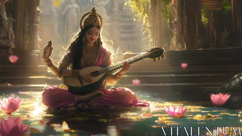 Lotus-lit goddess strums rivers of light in golden sanctuary.