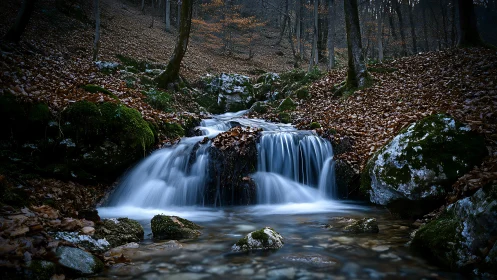Long-exposure forest cascade with autumnal leaf littered banks.