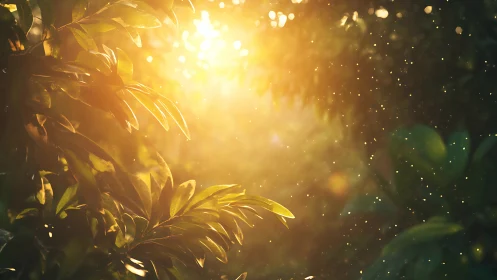 Golden forest sunlight dancing through quiet green leaves.