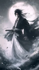 Moonlit swordsman in monochrome storm with dynamic ink effects.