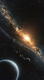 Starborn river of fire curling through a quiet planet chain.