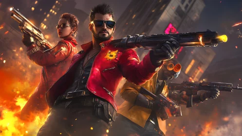 Neon trench gunslingers blaze through a burning city night.