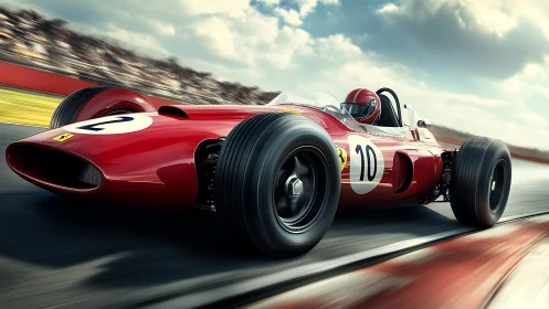 Vintage single-seat race car moves along modern circuit