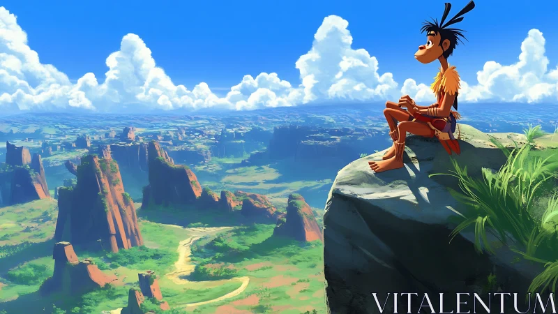 Tribal youth studies vast canyon landscape under high clouds